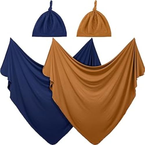 JaGely 2 Pack Baby Newborn Swaddle Blanket and Hat Set 47" x 47" Large Stretchy Receiving Blankets Set for Newborn Baby(Navy Blue, Claybank)