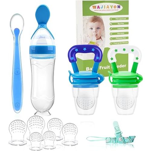 WAJIAYON Baby Fruit Feeder Pacifier - 5 Pack | 2 Baby Fruit Food Feeder Pacifier & 1 Baby Food Dispensing Spoon | Fresh Fruit Teethers for Babies | Silicone Feeder Baby,Mesh Baby Feeder (Blue & Green)