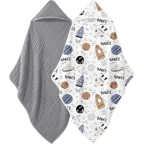 Looxii Baby Bath Towels 2 Pack Muslin Hooded Baby Towels for Newborn and Infants, 100% Cotton, Large 32x32Inch, Soft and Absorbent Grey+Space