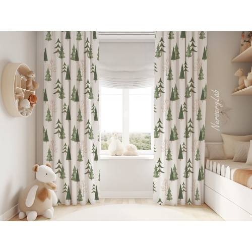 Watercolor Pine Trees Baby Boy Room Curtains Nursery Curtains Window Curtains