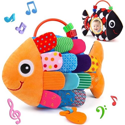 Baby Tummy Time Mirror Toys 0-6 Months Fish Toy for Newborn 3 4 5 6 Month Black and White High Contrast Sensory Infant Toys with Music Crinkle Rattle for 0-3 3-6 Months Old Baby Boy Girl Shower Gifts