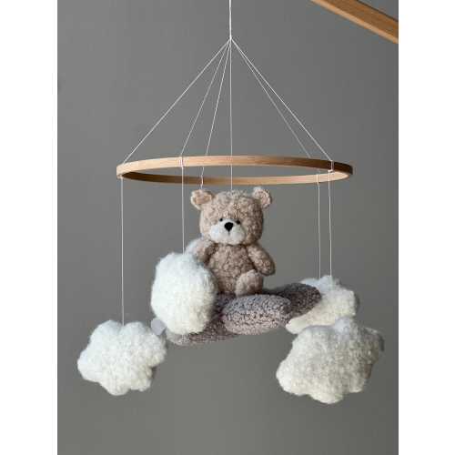 Boucle Teddy Bear Baby Mobile: Bouclé Clouds, Neutral Nursery Decor