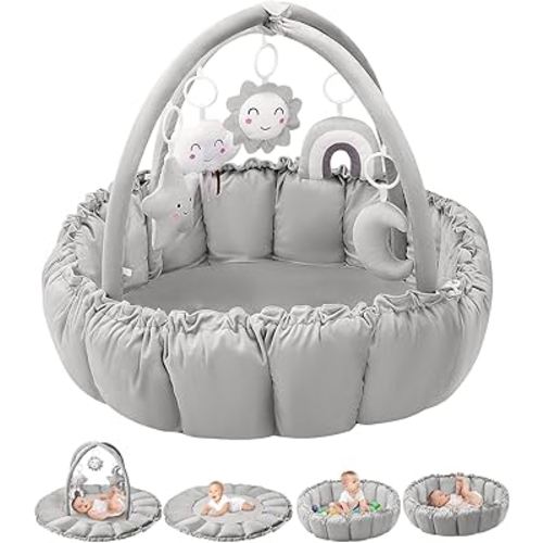5-in-1 Convertible Baby Gym Play Mat with Hanging Toys, Soft Padded Baby Lounger & Ball Pit, Plush Tummy Time Mat for Newborns to Toddlers, Machine Washable, Gray