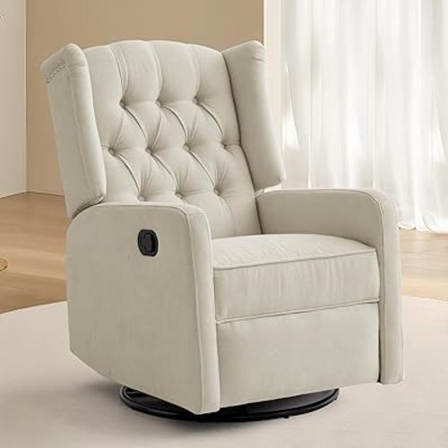 ABAKAN 360 Swivel Rocker Recliner Chair Degree Nursery Rocking Recliner, Small Rocking Recliner for Small Spaces,Button Tufted Wingback Chairfor Living Room and Nursery (Ivory)