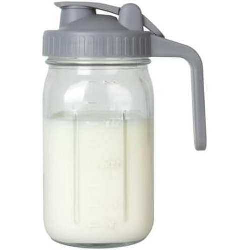 Breast Milk Pitcher, Mason Jar 32 oz, Heavy Duty Wide Mouth Jar with Flip Cap Lid and Pour Spout - Airtight Seal for Freshness and Convenience - Great for Cold Beverages, and Home Entertaining Gray 32