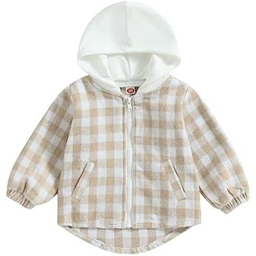 Douhoow Toddler Baby Plaid Jacket Baby Boy GIrl Flannel Hoodies Zip Up Hooded Fall Winter Outerwear Coat