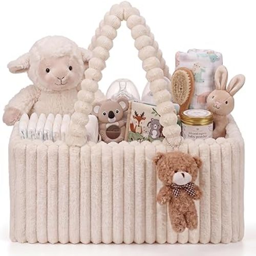 Flannel Baby Diaper Caddy Organizer with Teddy Bear, Baby Shower Gift Basket with Handle, Portable Nursery Storage Basket Bin for Diapers, Wipes, Newborn Essentials (White)