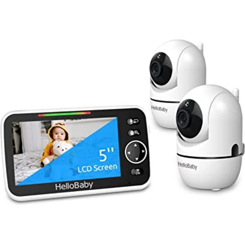 HelloBaby 5" Baby Camera Monitor, Monitor with Cameras and Audio, 2 Cameras Remote Pan/ Tilt/ Zoom, VOX Mode, Night Vision, 2-Way Talk, 8 Lullabies, Temperature and 1000ft Range