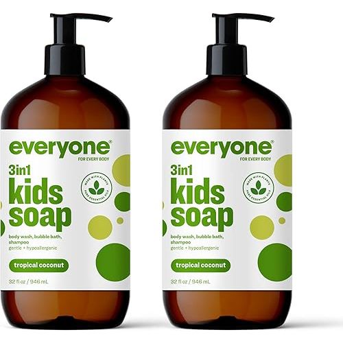Everyone 3-in-1 Kids Soap, Body Wash, Bubble Bath, Shampoo, 32 Ounce (Pack of 2), Tropical Coconut Twist, Coconut Cleanser with Plant Extracts and Pure Essential Oils