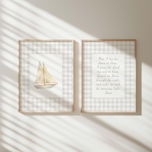 Christian Nursery Set of 2, Bedtime Prayer Printable, Nautical Baby Room Decor, Baby Boy Sailboat Poster, Gingham Cottagecore Wall Art