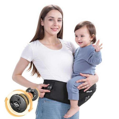 Ergonomic Baby Hip Carrier - Perfect Fit with Adjustable Knob, Thickened Seat, Ultimate Comfort & Support, Multiple Pockets – Baby Carrier for Newborn to Toddler (44lbs), Fits Waist 25-51 in, Black