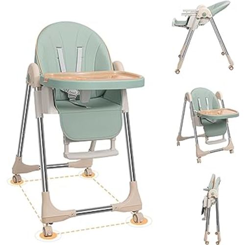 Baby High Chairs for Babies and Toddlers with Adjustable Backrest/Footrest/Seat Height,Foldable High Chair with 4 Wheels, Toddler High Chair with Double Removable Tray, Baby Feeding Chair Bearing 50KG