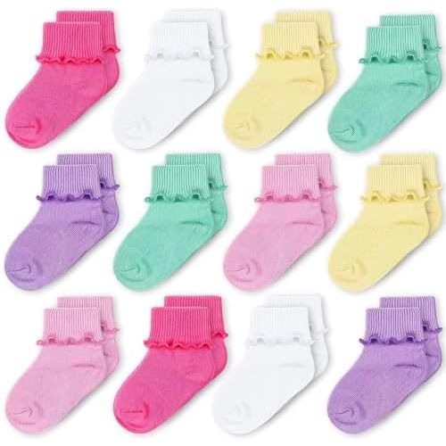 CozyWay Baby Ruffle Socks Baby Girl Turn Cuff Ankle Comfy Cotton Socks Infant - 12 Pack