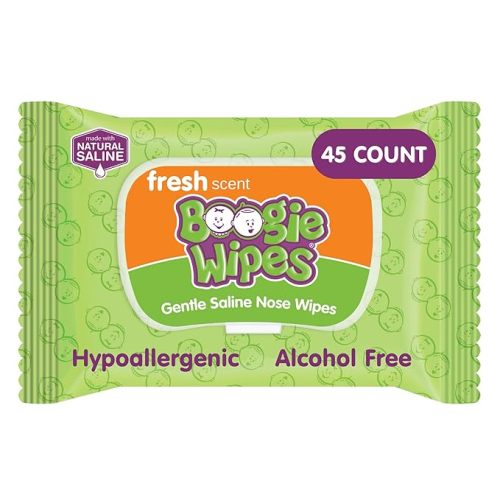 Boogie Wipes Saline Nose Wipes - 45 Count - Fresh Scent, Hypoallergenic & Alcohol-Free - Allergy Relief - Made with Natural Saline, Aloe, Chamomile & Vitamin E - Diaper Bag Essential