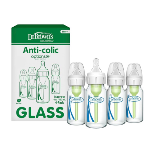 Dr. Brown's Anti-Colic Options+ Narrow Glass Baby Bottle with Level 1 Slow Flow Nipple, BPA-Free, 4 oz/120mL, 4-Pack