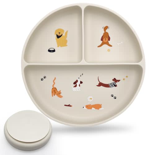 Silicone Suction Plates with Dividers - Grip Plates for Babies 6-12 Months and Toddlers 1-3, Toddler and Baby Dishes, Baby Led Weaning Essentials, Dishwasher Safe (Beige - Dogs and Cats)