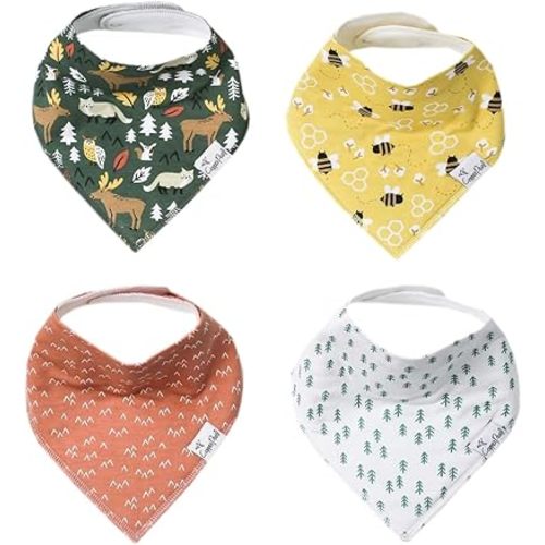 Copper Pearl 4 Pack Soft Cotton Baby Bibs for Drooling and Teething, Absorbent Drool Bibs for Baby Girl and Boy, Adjustable to Fit Newborns to Toddlers, Tons of Styles (Atwood)
