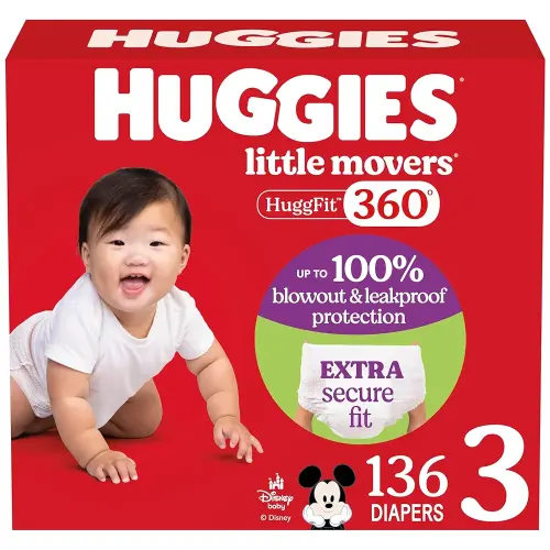 Huggies Size 3 Baby Diapers, Little Movers HuggFit 360° Baby Diapers with 360° Waistband, Size 3 (16-28 lbs), 136 Count, Packaging May Vary