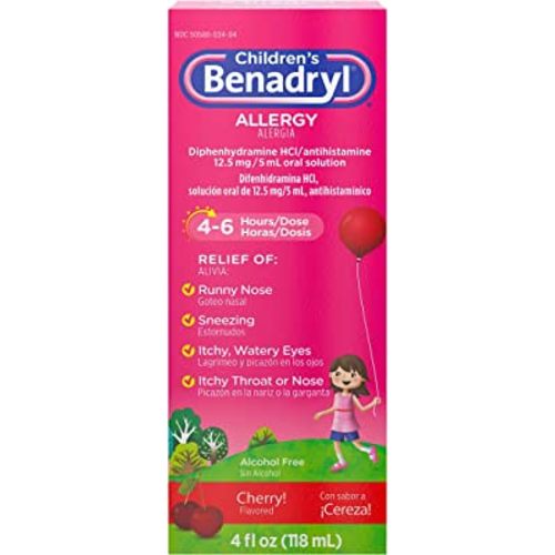 Benadryl Children's Allergy Relief Liquid Medicine with Diphenhydramine HCl, Kids' Allergy Syrup for Allergy Symptoms Like Runny Nose, Itchy Eyes & More, Cherry Flavor, 4 fl. oz