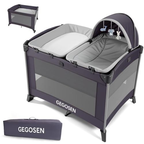 Portable Baby Playard 4 in 1 Design, Foldable Baby Playpen with Removable Bassinet, Canopy and Changing Table, Infant Playrad, Nursery Center Travel Crib (Toys Not Included)