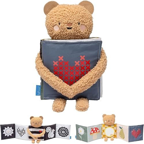 Taf Toys Black & White Sensory Newborn Book, High Contrast Side for Infant Brain Development, Vibrant Colors & Baby Mirror, Plush Bear for Tummy Time Books 0-6 Months - Baby Gifts for Boys Girls