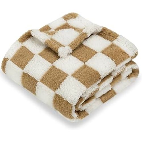 HOMRITAR Super Soft Baby Blanket for Boys Girls Warm Cozy Reversible Checkerboard Toddlers Blanket, Fluffy Fuzzy Plush Lightweight Bed Blanket with Chessboard Grid Design 350GSM Khaki 30 x 40 Inch
