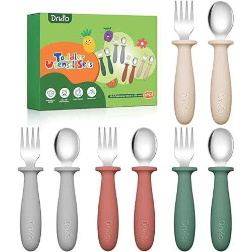 DRKIO 8 Pieces Toddler Utensils Set - Kids Silverware Set with Silicone Handle Children Safe 18/8 Stainless Steel Forks and Spoons Anti-Choke Design Food Grade Dishwasher Safe