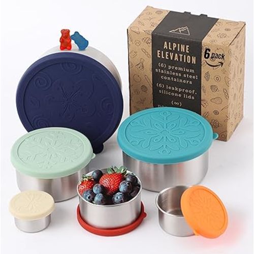 12 Pcs - 6 Stainless Steel Containers + 6 Silicone Lids | 304 Stainless Steel Snack Container | Nesting Snack and Dip Containers | Metal Food Storage