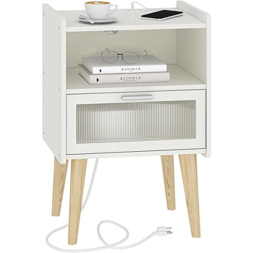 Nightstand with Charging Station, Bedside Tables with Glass Decorative Door, End Table Side Table with 2 Tiers Storage Space, for Bedroom, Living Room, White CAMLBZ07WE
