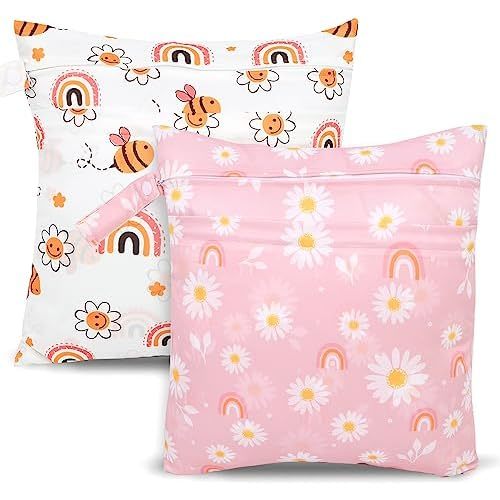 2pcs Cloth Diaper Wet Dry Bags, Waterproof Reusable Wet Bag with 2 Zipper Pockets & Handle, Washable Laundry Bags for Baby Adult Clothes Travel Beach Pool Daycare Yoga Gym Exercise Swimsuits,