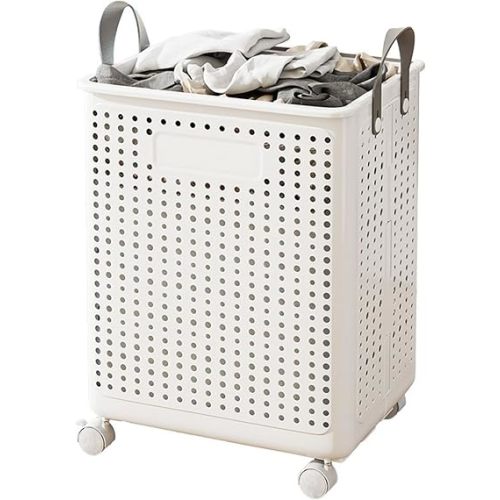 WESAPPINC 55L Collapsible Large Laundry Hamper, Plastic Laundry Basket with Wheels,Suitable for Bathroom, Bedroom, Dorm Room & Laundry Room,Basket with Handle (White)