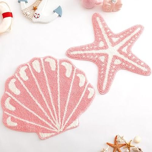 Tinideya 2 Pcs Beach Bathroom Rugs Seashell Starfish Bath Mat Preppy Rug Cute Coastal Carpet Machine Washable Non Slip Absorbent Bath Mat for Sea Room Decor(Pink)