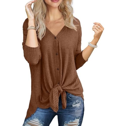 IWOLLENCE Women's Waffle Knit Tunic Blouse Tie Knot Henley Tops Loose Fitting Bat Wing Plain Shirts