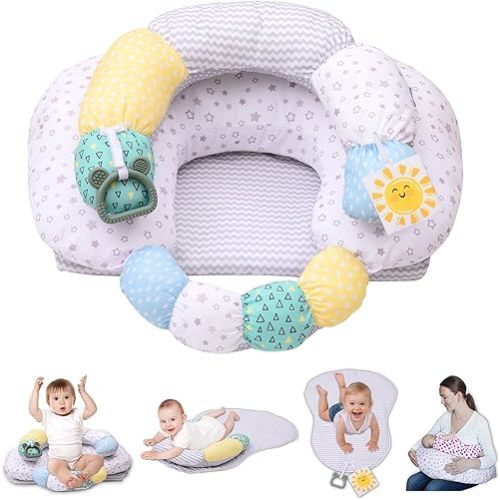 4-in-1 Tummy Time Mat & Seated Support Cushion, Detachable Nursing Pillow | Removable and Machine Washable Slipcovers, Baby Play Mat and Toys 0-24 Months，Breastfeeding with High, Firm, Large Area