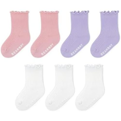 7 Pairs Baby Girls Ruffle Grip Socks Non-Slip - Cute Cotton Ankle Socks for 0 Months - 7 Years Old Walking