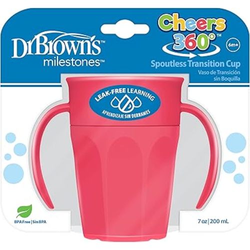 Dr. Brown's Milestones Cheers 360 Cup Spoutless Transition Cup with Handles for Easy Grip & Leak-Free Learning, Pink, 7oz/200mL, 6m+ (Colors May Vary)