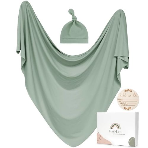Baby Swaddle Receiving Blankets with Matching Beanie Set Newborn Nursery Swaddle Wrap for Baby Girls and Boys (Green)