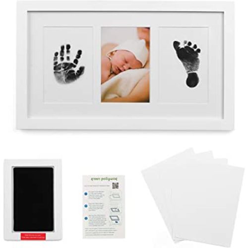 Green Pollywog | Baby Handprint and Footprint Kit | Elegant White Picture Frame | Non-Toxic | Inkless Footprint | Baby Footprint Frame | Newborn Footprint Kit | Baby Ink Pad | Dog Paw Prints