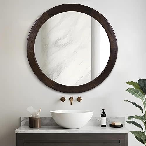 Round Mirrors 24 Inch,Wood Vanity Wall Rustic Mirror with Wood Frame, Wooden Circle Mirror for Bathroom Bedroom Living Room Or Entryway(Dark Walnut Brown)