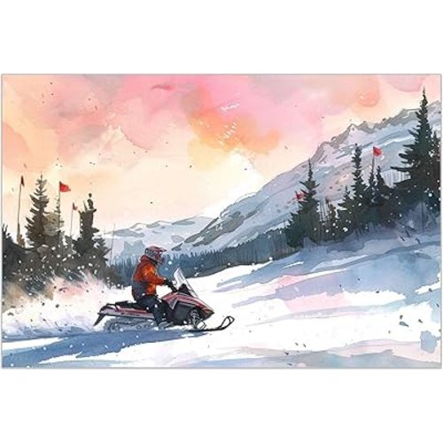 Serene Snowmobile Sunset Canvas Print - Peaceful Winter Adventure Wall Art - Scenic Snowmobiling Poster for Home Decor 12x18-Unframed