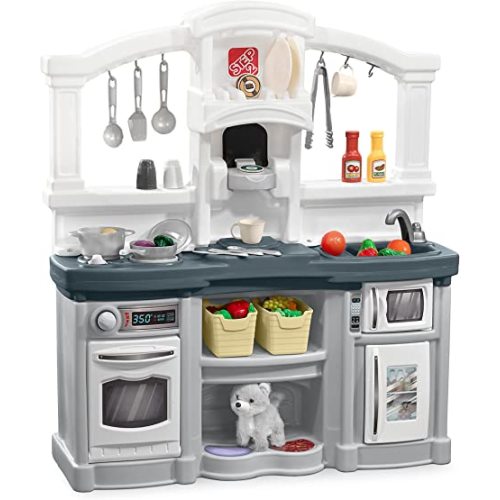 Step2 Fun with Friends Kids Kitchen Playset, Indoor/Outdoor Kitchenette, Interactive Play with Lights and Sounds, Durable Plastic, Includes 25 Piece Toy Accessories, Toddlers 2+ Years Old, Gray