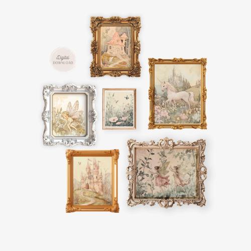 Vintage Fairytale Nursery Gallery Prints, French nursery wall art, Storybook Kingdom Prints, Set of 6 download, Antique artwork, Baby Girl