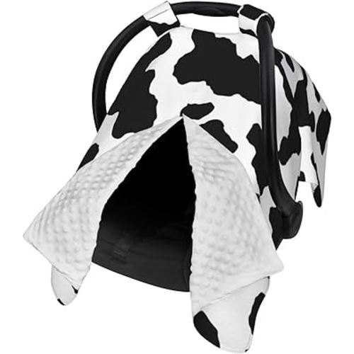 9CH Car Seat Covers for Babies, Peekaboo Opening Minky Car Seat Cover for Baby Mom Nursing Breastfeeding Covers, Winter Minky Baby Carrier Cover for Girls Boys (Cow)