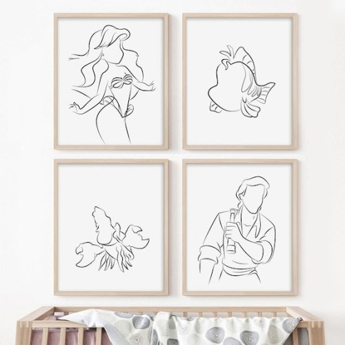 Little Mermaid Art Print Set of 4, Black and White Line Art, Minimalist Nursery Girls Art Decor, Poster, Printable, Ariel Under Sea - Etsy