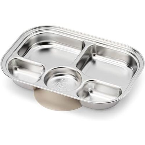 Grosmimi Eco Friendly 304 Stainless Steel Toddler Kid Feeding Divided Plate (5-Section+ Silicone Suction)