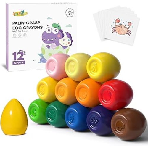 12 Colors Egg Crayons for Toddlers 1-3, Palm Grasp Non Toxic Jumbo Washable Crayons for Kids, Fat Brain Toys for Preschool Art Supplies and Perfect Easter Gifts for Boys and Girls