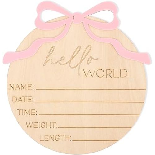 Hello World Bow Wooden Baby Announcement Sign - Baby Girl Birth Announcement,Personalized Baby Name Sign,Bow Birth Stats Sign Newborn Photo Prop,Welcome To The World Sign