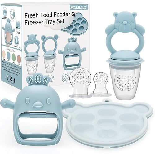 3 Pack Baby Fruit Food Feeder & Freezer Tray Set and Silicone Teething Toy for Babies, BPA Free Infant Teething Relief Toy for 3+ Months, Additional Silicone Sacs