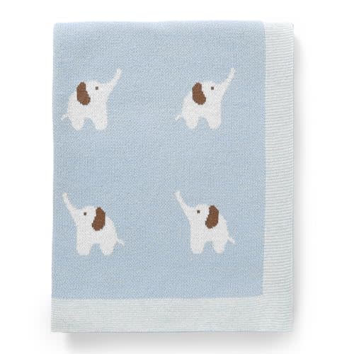 Hadetoto 100% Cotton Baby Blanket Knit Soft Cozy Swaddle Receiving Blankets Toddler Infant Blanket with Lovely Elephant for Newborn Boy Girls - Light Blue, 90 x 70cm
