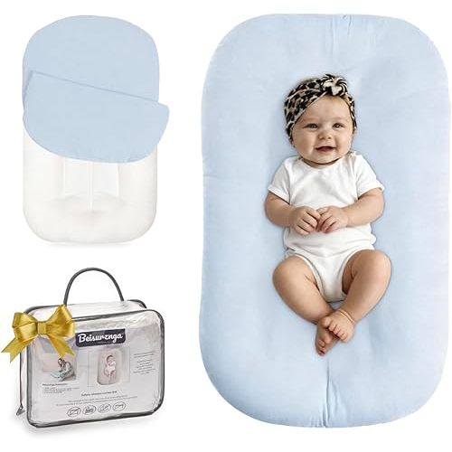 Baby Lounger for Newborn - Snuggle Cozy Me Lounger | Breathable Soft Cotton, 0-24 Months Portable Playtime Baby Nest, Newborn Baby Essentials Gifts- Blue (1 Lounger + 1 Cover)